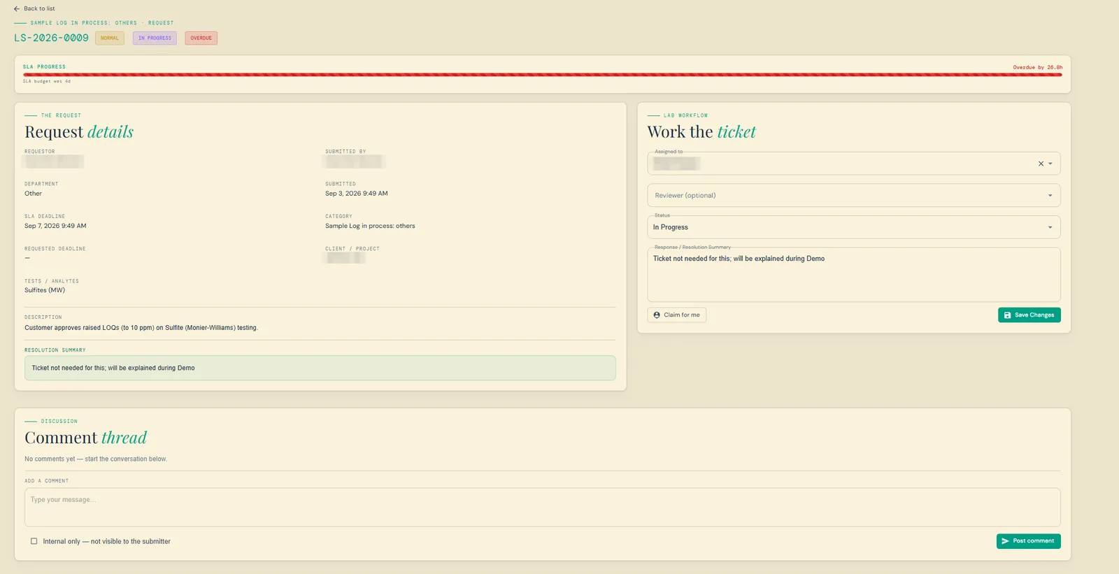 Lab Support ticket detail showing SLA progress, request fields, assignment, and status
