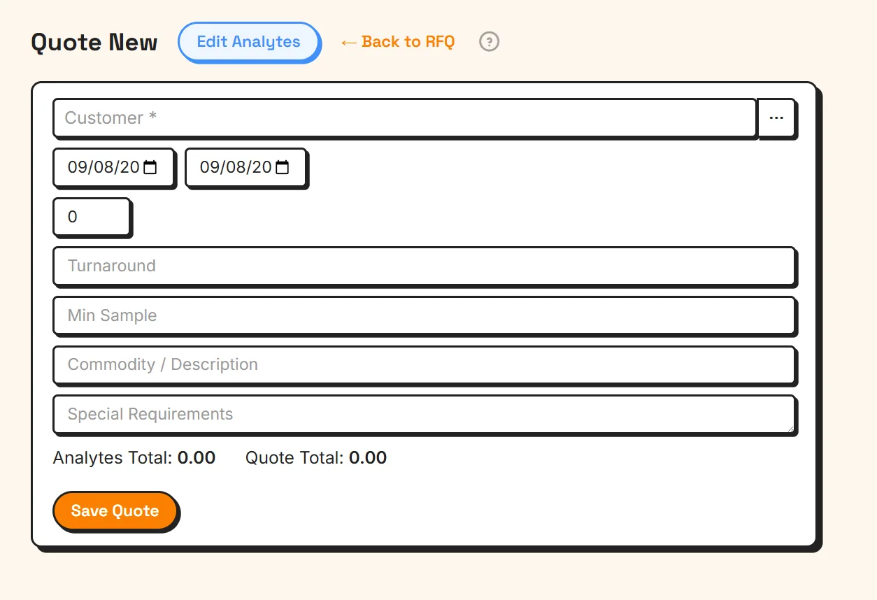 QUOLims new quote form with customer, dates, turnaround, minimum sample, commodity, special requirements, and totals